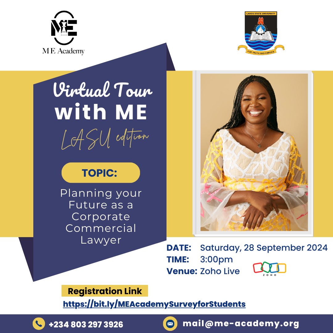 meacademy_ng's tweet photo. The Virtual Tour With ME comes to Lagos State University (LASU) this weekend 🎉

#MEAcademy #VirtualTourWithME #LawStudents #LawSchool #CorporateCommercialLaw https://t.co/FmSRXOxOoD