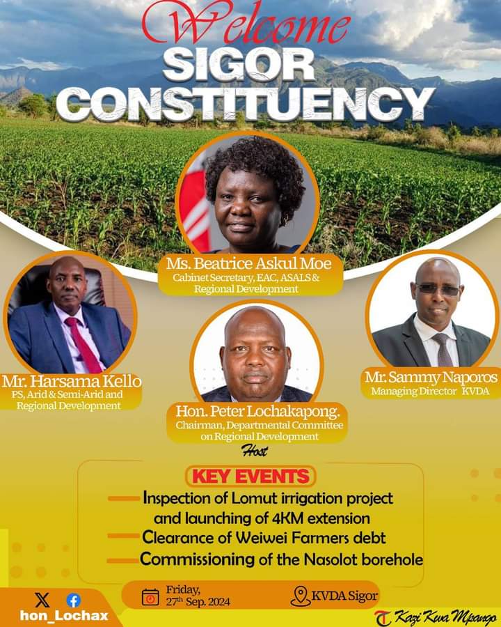 Hon. Peter Lochakapong' CBS. (@hon_lochax) on Twitter photo Tomorrow is the day! The Cabinet Secretary for EAC, ASALS, and Regional Development, <a href="/CSBeatriceMoe/">Hon. Beatrice Askul Moe</a>, together with PS <a href="/harsama_kello/">PS Kello Harsama,CBS</a> and KVDA MD <a href="/SammyNaporos/">Sammy Naporos</a> will be in Sigor Constituency to commission several development projects.Karibuni Sigor!
#KaziKwaMpango Tomorrow is the day! The Cabinet Secretary for EAC, ASALS, and Regional Development, <a href="/CSBeatriceMoe/">Hon. Beatrice Askul Moe</a>, together with PS <a href="/harsama_kello/">PS Kello Harsama,CBS</a> and KVDA MD <a href="/SammyNaporos/">Sammy Naporos</a> will be in Sigor Constituency to commission several development projects.Karibuni Sigor!
#KaziKwaMpango