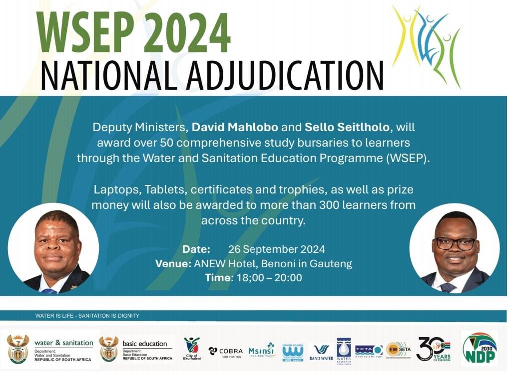 DWS_RSA's tweet photo. #WSEP| Deputy Ministers @David_Mahlobo1 and @seitlholo will award over 50 comprehensive study bursaries to learners from across the country who are currently participating in the Water and Sanitation Education Programme (WSEP) underway in Benoni, Gauteng. 

Laptops, Tablets, certificates and trophies, as well as prize money will also be awarded.  

The award ceremony will be hosted collaboratively with our partners, @UMngeniUThukela, @Rand_Water, @TCTA_RSA, @ewseta, @MsinsiResorts, @City_Ekurhuleni,@DBE_SA, @WaterResearchSA and COBRA.