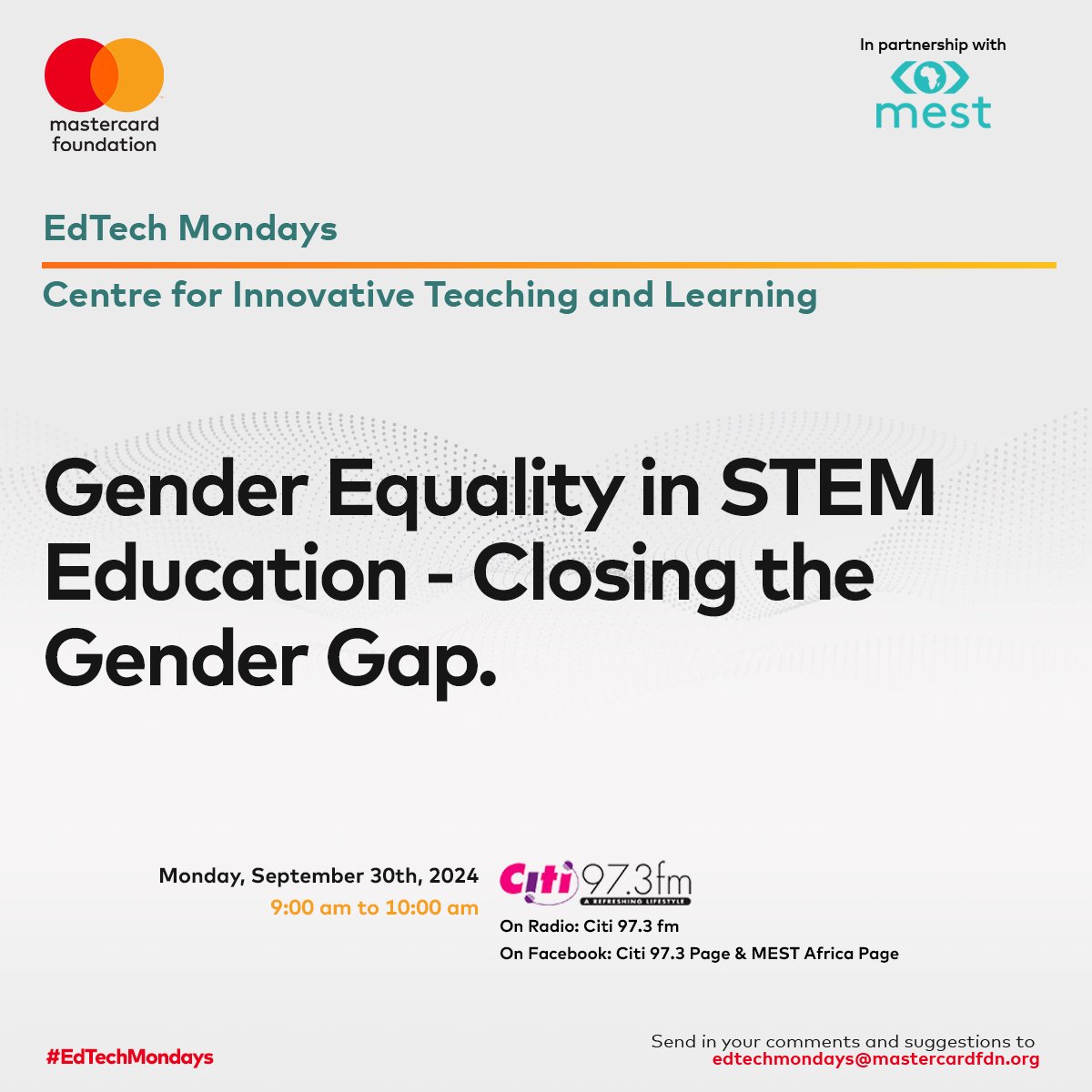 Citi973's tweet image. "Gender Equality in STEM Education - Closing the Gender Gap" is our topic for this month's edition of EdTech Monday. 

Join @nathan_quao and his panellists on Monday at 9:00am, on Citi FM.

@MESTAfrica @MastercardFdn #EdTechMondays