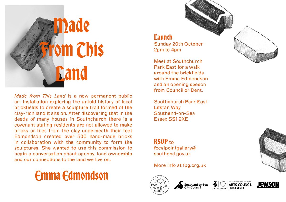 ￼
🧱OFFICIAL LAUNCH of Made from this Land🧱 A permanent artwork exploring Southend’s rich brickfield history. Sunday 20 October 2pm walk &amp; talk sculpture trail from me, feat. opening intro from <a href="/CllrDent/">Cllr Matt Dent</a> 
RSVP focalpointgallery@southend.gov.uk
More info: fpg.org.uk/project/made-f…