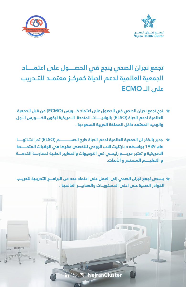 NajranCluster's tweet photo. #إنجاز || 🎖️ 

تجمع نجران الصحي ينجح في الحصول على اعتماد الجمعية العالمية لدعم الحياة كمركز معتمد للتدريب على الـ ECMO .. 
https://t.co/MLAcRavTg0

@swaac_elso 
@ELSOOrg 
#تجمع_نجران_الصحي https://t.co/vDBSNGsmlC