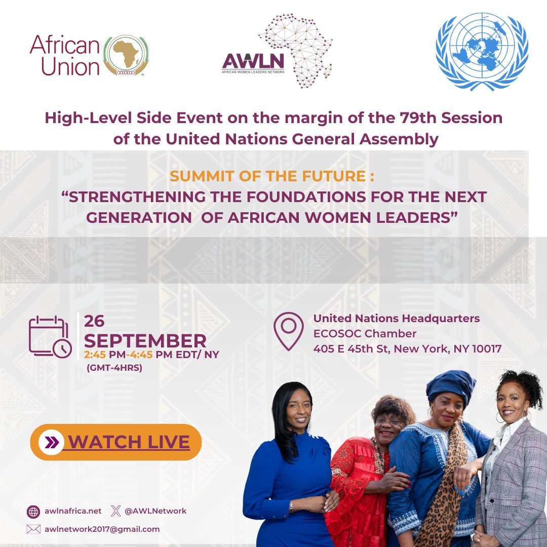 AWLNetwork's tweet image. 📍Join us today on the margins of #SummitOfTheFuture to reflect on the need for women’s full, safe &amp;amp; equal participation in political &amp;amp; economic life &amp;amp; leadership. 

🗓️ 26 September 
🕰 2:45- 4:45 pm EDT/NY
📍UN HQ, ECOSOC Chamber 

Join virtually 👉🏽: webtv.un.org/en/asset/k1s/k…