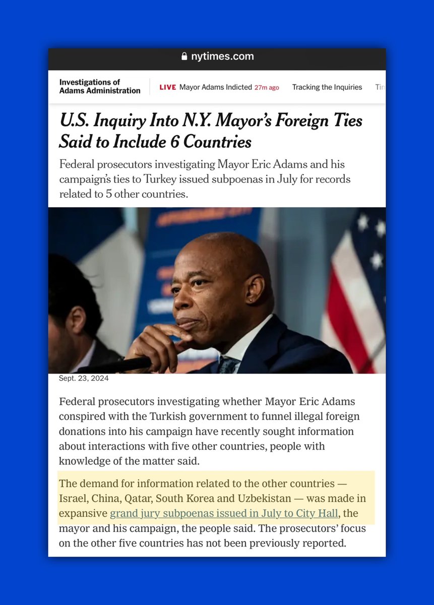 GenXGirl1994's tweet image. NYC Mayor Adams was indicted for bribery &amp;amp; corruption w/🇹🇷Turkey. In July, grand jury subpoenas were issued for Adams related to:
🇮🇱Israel
🇨🇳China 
🇶🇦Qatar
🇰🇷South Korea
🇺🇿Uzbekistan

Adams also took $ from Pro🇮🇱Billionaires in exchange for @Columbia student protest arrests
#FARA