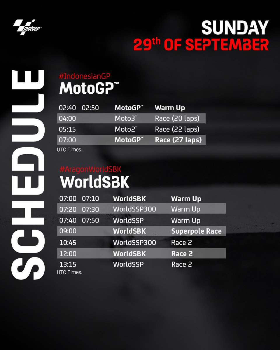 MotoGP's tweet photo. An exciting weekend of racing awaits not only for us in Mandalika but also for @WorldSBK in MotorLand! ๐๏ธ
Check out the schedule of the #IndonesianGP๐ฎ๐ฉ and the #AragonWorldSBK๐ to make sure you don't miss anything!๐โ
#2WheelWeekends https://t.co/WK0SHCGVIR