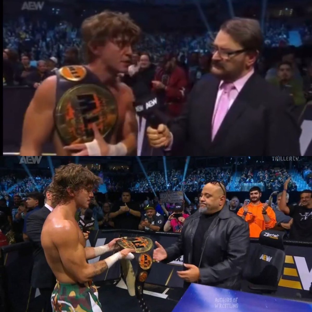 harlanwheelerr's tweet photo. After Hook retained last night in his 11th FTW championship defense he officially retired the FTW championship giving it back to its first owner and the creator of it his dad Taz in a wholesome moment to end the segment 🥹🤍💚🫶🏻What’s next for Hook 💙❓#hookaew #AEWGrandSlam https://t.co/zSnqIdKkaT