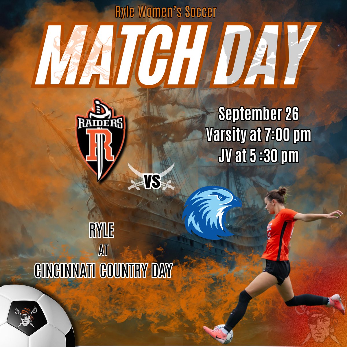 Road trip! Come cheer on the Lady Raiders as they take on Cincinnati Country Day! ⚽️⚔️🏴‍☠️ 
Junior Varsity at 5:30 PM
Varsity at 7 PM
ONE HEART
ONE MIND
ONE PROGRAM 
#Hoorah
#RaiderNation