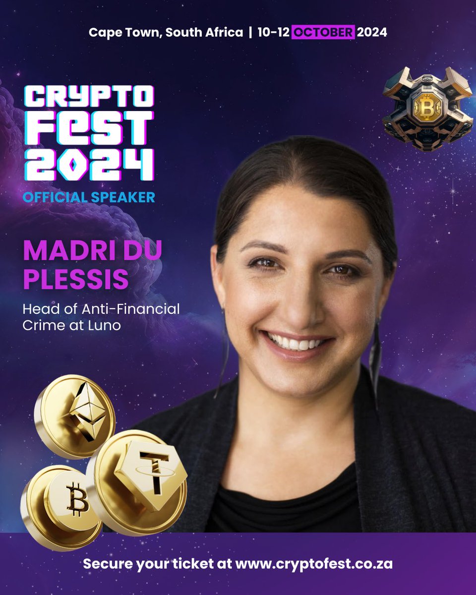 🛡️💡 Welcoming Madri du Plessis, Head of Anti-Financial Crime at <a href="/LunoGlobal/">Luno</a>, as an official speaker at CryptoFest 2024! 🔐 

With expertise in anti-money laundering and financial crime, Madri will share crucial insights on the panel "Compliance: Know YOUR B, C and T's." 🚨