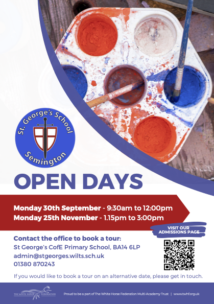 We love showing families around our fantastic school! Come along to an open day on 30th September between 9.30am and 12.00pm or 25th November between 1.15pm and 3.00pm for a tour and to meet our staff.
Please get in touch to book your place.