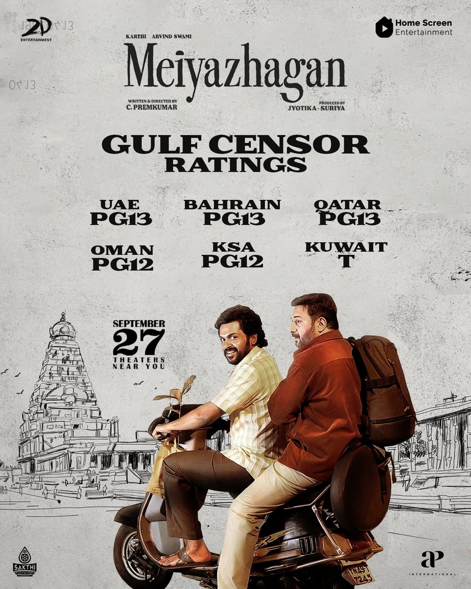 APIfilms's tweet image. Check out the censor ratings for #Meiyazhagan across the Gulf! Make sure to catch this heartwarming drama tomorrow in theatres! 🎬

#MeiyazhaganFromTomorrow #Karthi27 #மெய்யழகன்

@Karthi_Offl @thearvindswami @SDsridivya #PremKumar #GovindVasantha @Suriya_offl #Jyotika