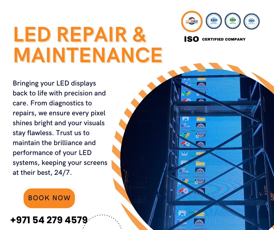 citycrews's tweet image. From troubleshooting to full restoration, we handle every detail to ensure your displays stay flawless and vibrant. Choose us to maintain the brilliance of your LED systems and avoid unnecessary downtimes.
Book Now: +971 54 279 4579
#LEDRepair #MaintenanceServices #LEDScreenCare
