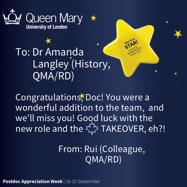 QMUL_ResDev's tweet image. Happy Postdoc Appreciation Week! #QMPAW24 #LovePostdocs @QM_Academy @medievalmystics @QMHistory