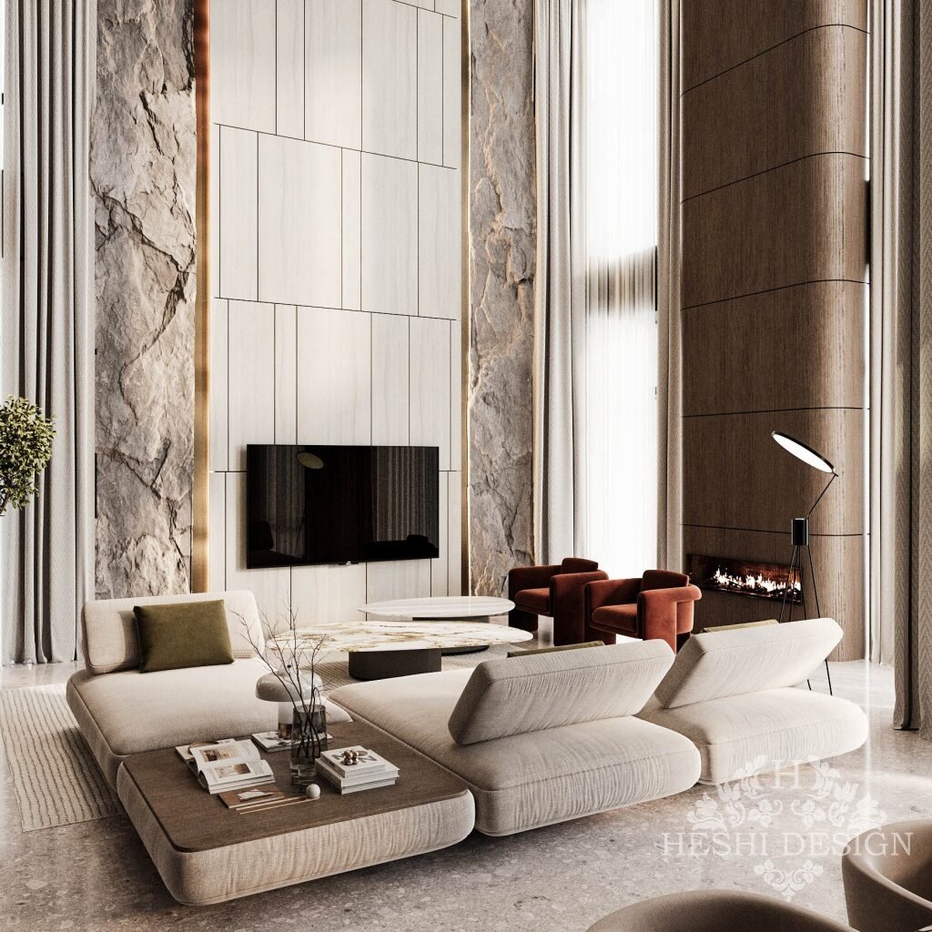 HeshiDesign's tweet image. #Гостиные с камином в ТВ-зоне: 10 примеров