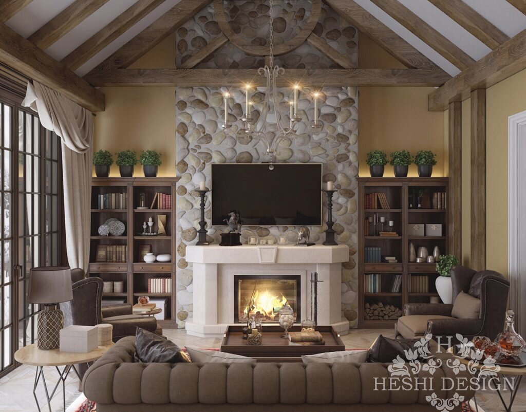 HeshiDesign's tweet image. #Гостиные с камином в ТВ-зоне: 10 примеров