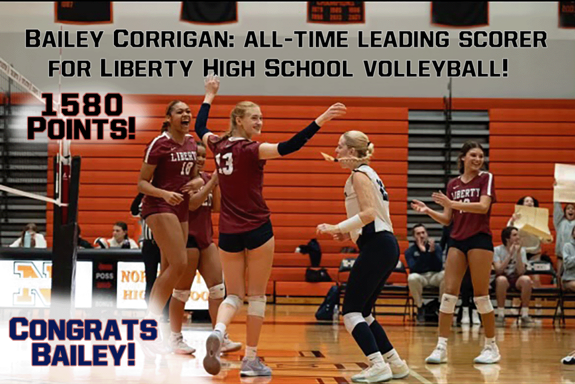 LibertyHigh's tweet photo. Last night in a match against Northampton, Bailey Corrigan scored 28 points last night: 23 kills, 4 aces and 1 block. With 1,580 points, Bailey Corrigan is the new all-time leading scorer for Liberty High School Volleyball. Congratulations Bailey! https://t.co/oOBL7DISBv
