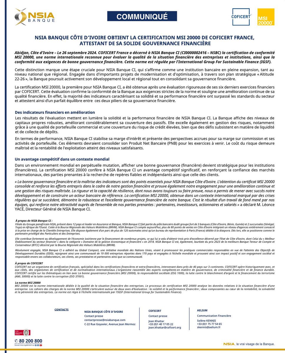 LeonceYace's tweet photo. #NSIABanqueCI obtient la certification MSI 20000 de l'organisme Coficert France.
Cette certification internationale, obtenue suite à l’évaluation rigoureuse de nos six derniers exercices financiers, vient souligner la solidité de notre gestion financière et atteste de notre engagement pour une gestion des risques maîtrisée.
La certification MSI 20000 confère ainsi à notre institution, un avantage compétitif majeur. Cette distinction s’inscrit également dans le cadre de notre plan stratégique Altitude 2022-2026, dont l'objectif est de dynamiser notre croissance et consolider notre présence dans la sous-région.
