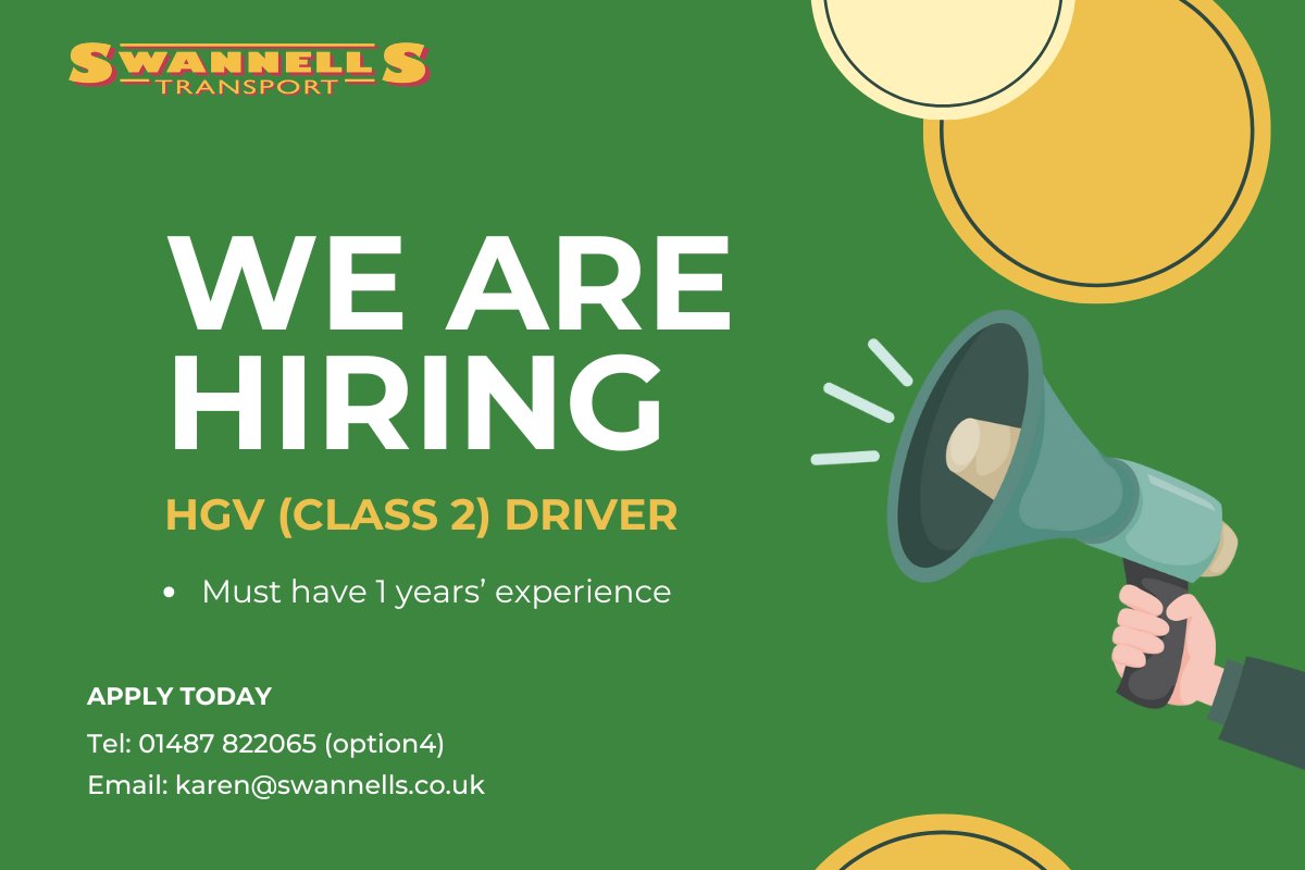 🚛*Job Alert!* Swannell’s Transport is on the lookout for an experienced HGV (Class 2) driver to join our team!

🔹 Requirements: Minimum 1 year of experience

Interested? Give us a call at 01487 822065 (option 4) to find out more!

#JobOpportunity #HGVDriver #SwannellsTransport