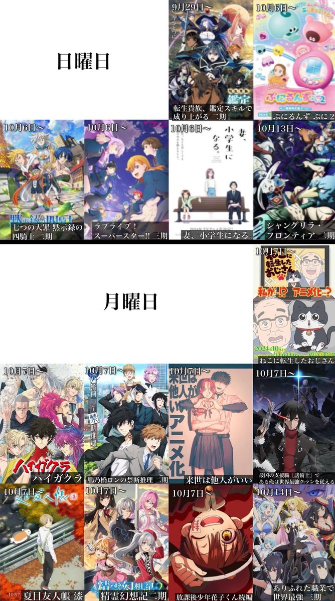 toarutoa's tweet photo. 2024年秋アニメの放送日時と曜日一覧です https://t.co/A92D68LkkI