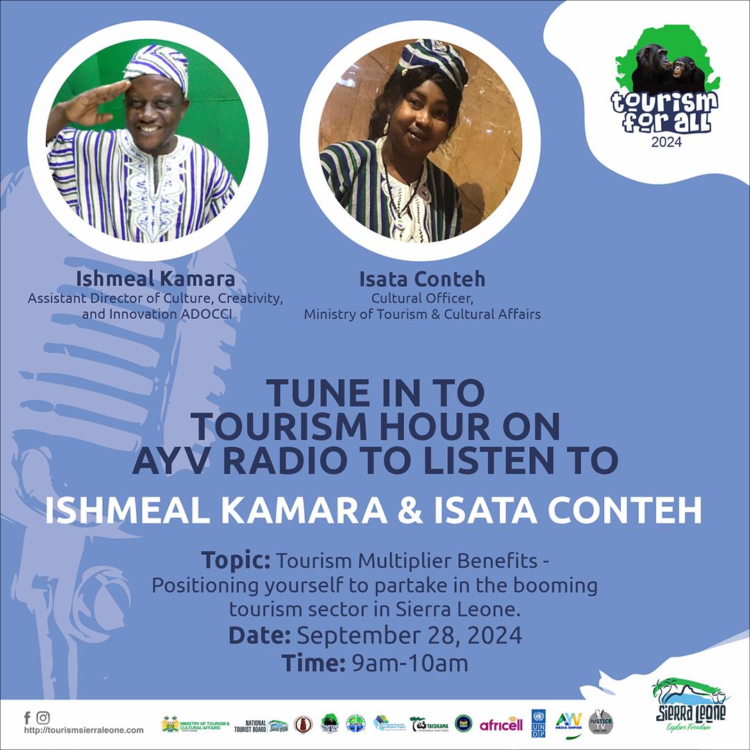 Mtcasierraleone's tweet photo. Listen to Ishmeal Kamara and Isata Conteh explain how we all can benefit from the fast growing tourism sector in Sierra Leone.
#Tourismforall
#IAmSalone
#TourizmNaAllManBizness
#SierraLeoneEconomicDiversificationProject
#WorldBank
#Allowmeforenjoymesef
#ExploreFreedom https://t.co/7UtoYW8WCD