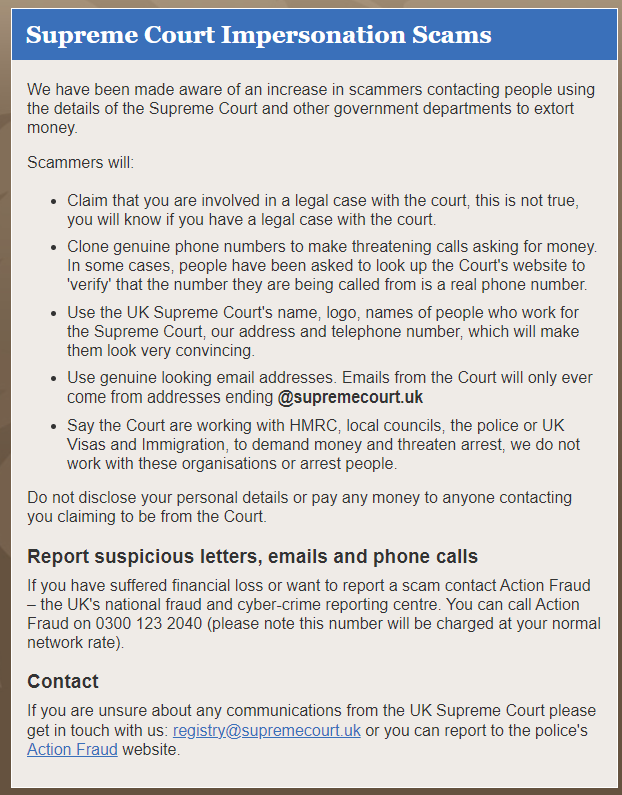 UKSupremeCourt's tweet photo. We are receiving a high number of reports today of text messages, impersonating us, demanding money. 

The UKSC will never contact you out of the blue asking for money, and we would never text. 

For more advice and to report a scam, visit our website: https://t.co/uSLy4Wgg0q https://t.co/ig9wo2OwkK