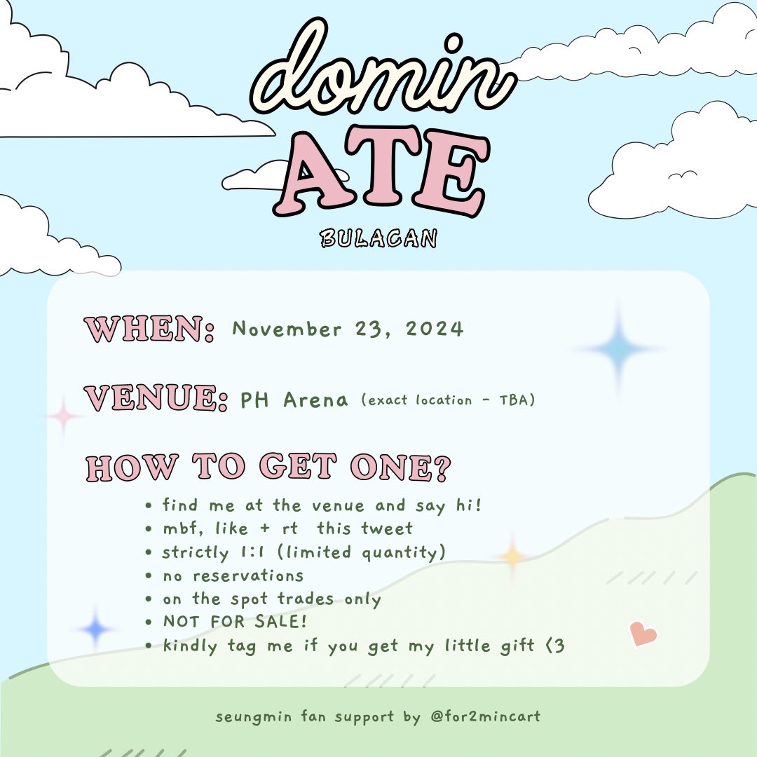 𓈒⠀𓂃⠀˖ skz dominATE in bulacan ˖⠀𓂃⠀𓈒

blind bags for you! 💌 

by: <a href="/for2mincart/">ًeli ★</a> 

└  like + rt, follow (let’s be moots :D)
└  loc and time: tba 
└  check pics for details

see you there! ✿

#dominATE_BULACAN #SKZ_in_BULACAN <a href="/Stray_Kids/">Stray Kids</a>