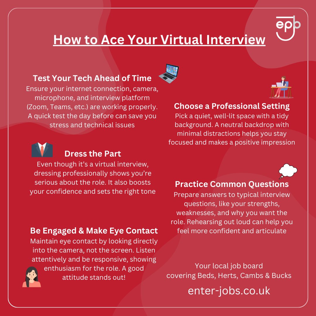 EnterJobs's tweet image. Register with us today and prepare for your next interview, whether virtual or in-person!

#VirtualInterviews #JobSearchTips #InterviewPrep #JobOpportunities #ProfessionalDevelopment #JobBoard #CareerGoals #RegisterNow #bedfordshire #hertfordshire #cambridgeshire #buckinghamshire