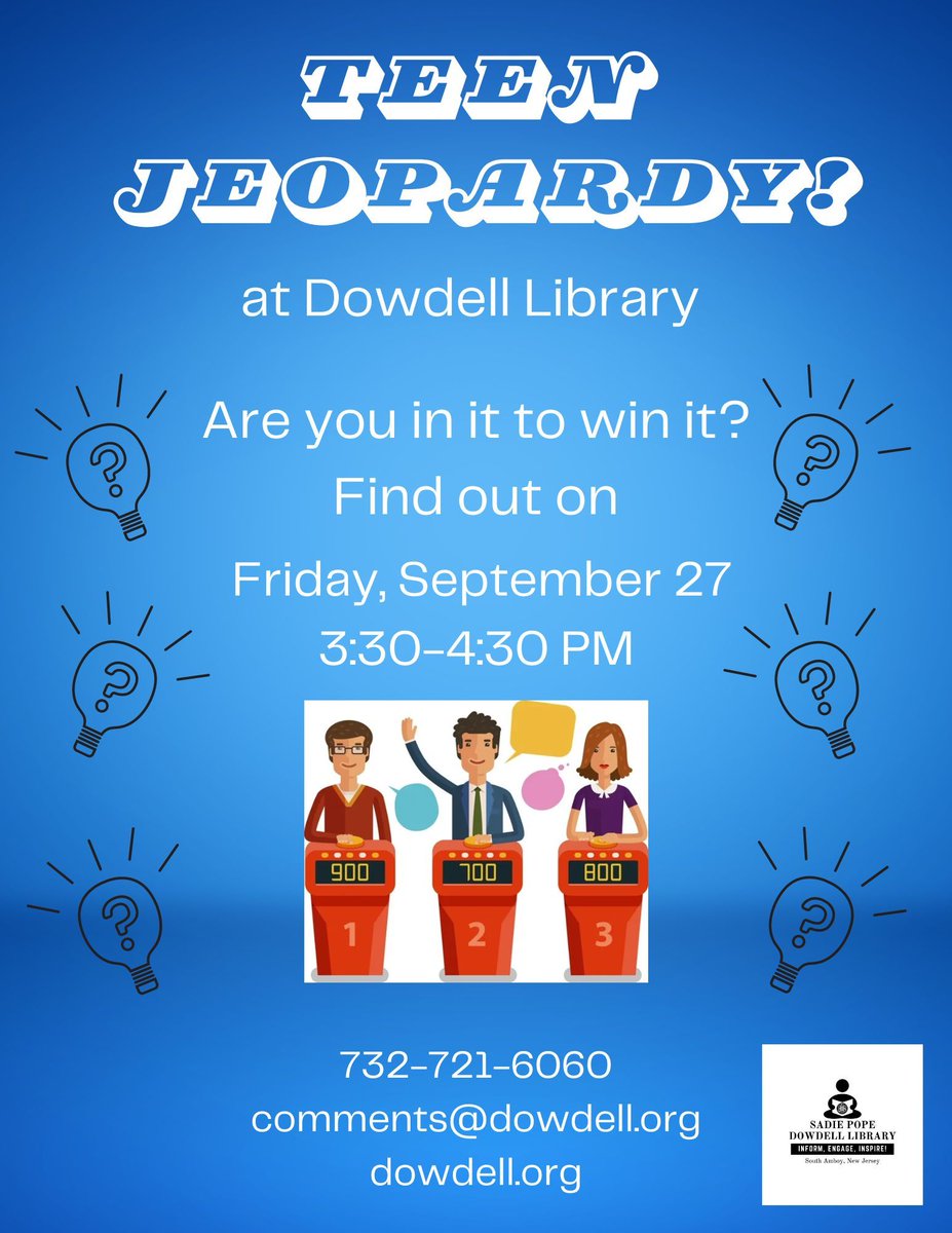 Join us for the 'Teen Jeopardy' event at Dowdell Library! Test your knowledge and compete for fun prizes. Don't miss out on this exciting opportunity to showcase your skills. #TeenJeopardy #DowdellLibrary
