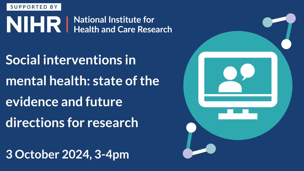 National Institute for Health and Care Research (@nihrresearch) on Twitter photo Discover the evidence on social interventions in mental health and future directions for research at the <a href="/MHSC_Incubator/">Mental Health Social Care Incubator</a> webinar on 3 October.
A mental health social worker will also present about gaps in mental health social care research.
Find out more: Discover the evidence on social interventions in mental health and future directions for research at the <a href="/MHSC_Incubator/">Mental Health Social Care Incubator</a> webinar on 3 October.
A mental health social worker will also present about gaps in mental health social care research.
Find out more: