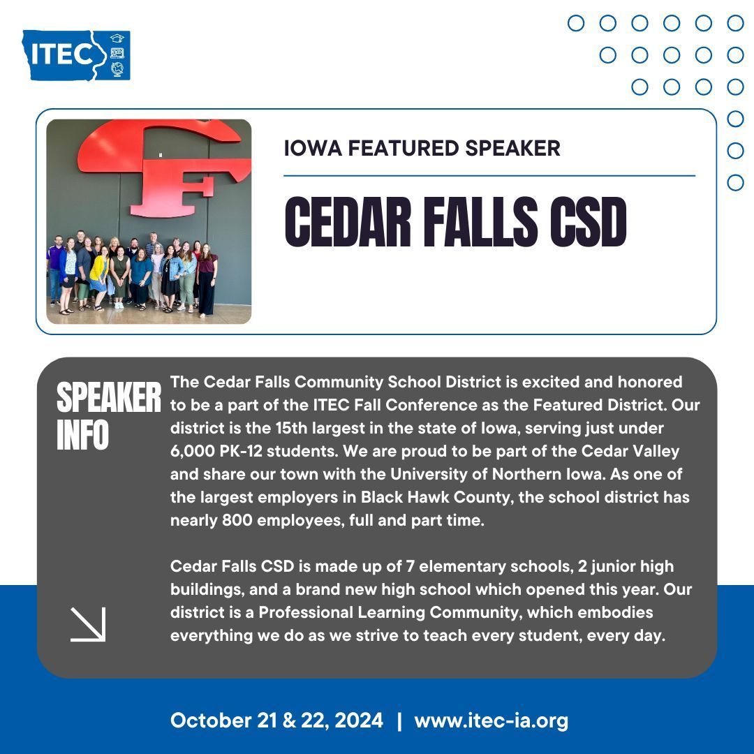 itec_ia's tweet photo. π You're in luck!
π£ Cedar Falls Community School District (@CF_schools) will be at ITEC!
β
From coding and AI to tech integration and interactive learning, they have some amazing sessions for attendees!!
π https://t.co/zI0hI6WFUu
#itecia #iaedchat #iowatl https://t.co/o6QRSmumvQ