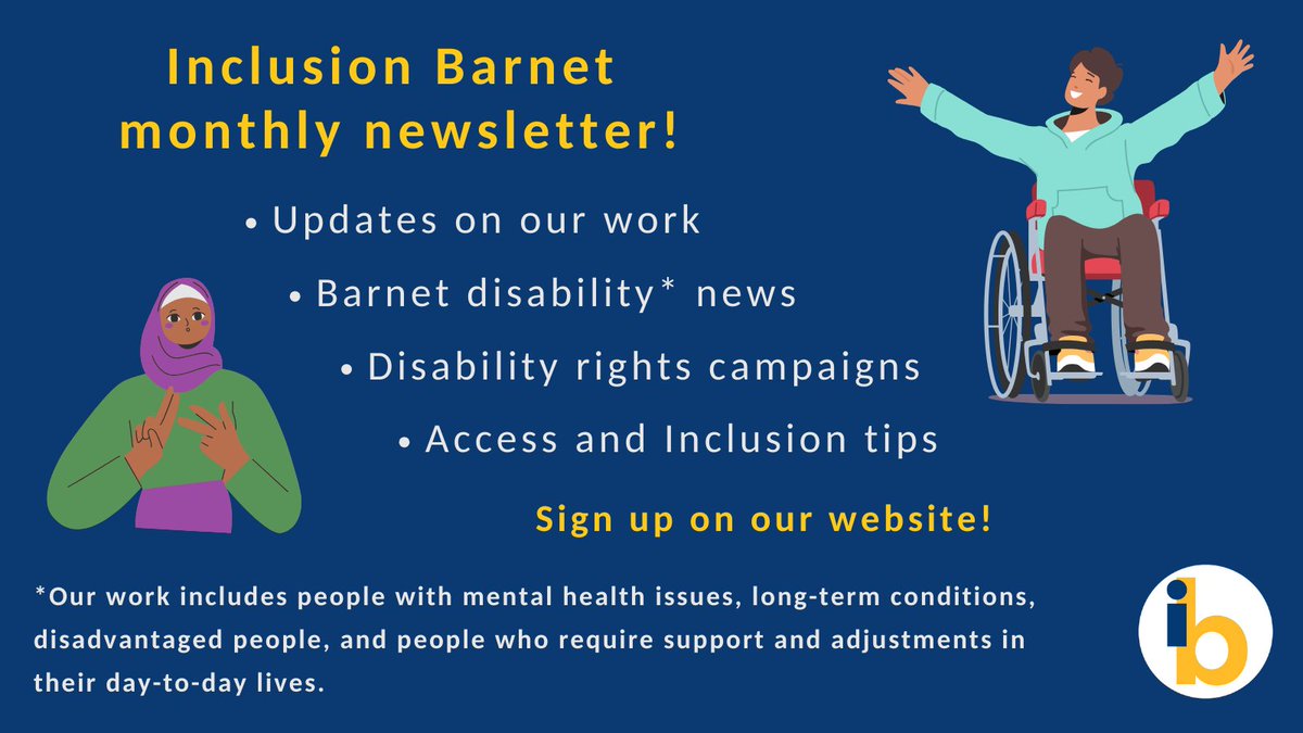 📧 Our October #disability newsletter is out soon!

Subscribe for the latest:
- Updates on our work
- Barnet disability news
- #DisabilityRights campaigns
- #Access and #Inclusion tips

Sign up to our monthly newsletter on our website: inclusionbarnet.org.uk/newsletters/