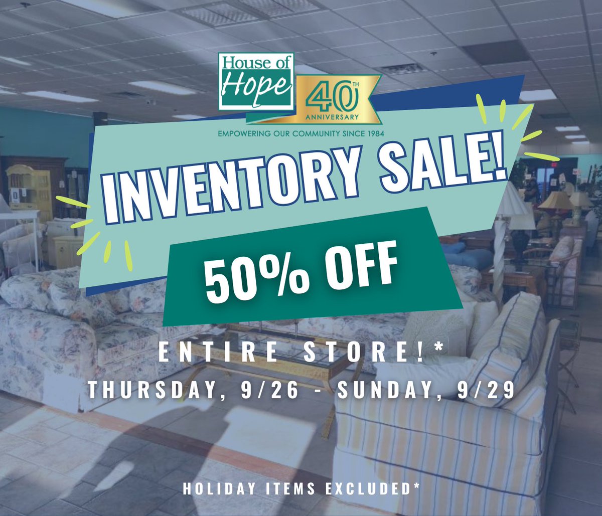 🚨 HUGE INVENTORY SALE ALERT! 🚨
Now through Sunday, 9/29, enjoy 50% OFF EVERYTHING* at our Thrift Store locations! Yes, you read that right—half off the entire store! 🛍️
Find locations and hours at👉 hohmartin.org/locations

Holiday items excluded*