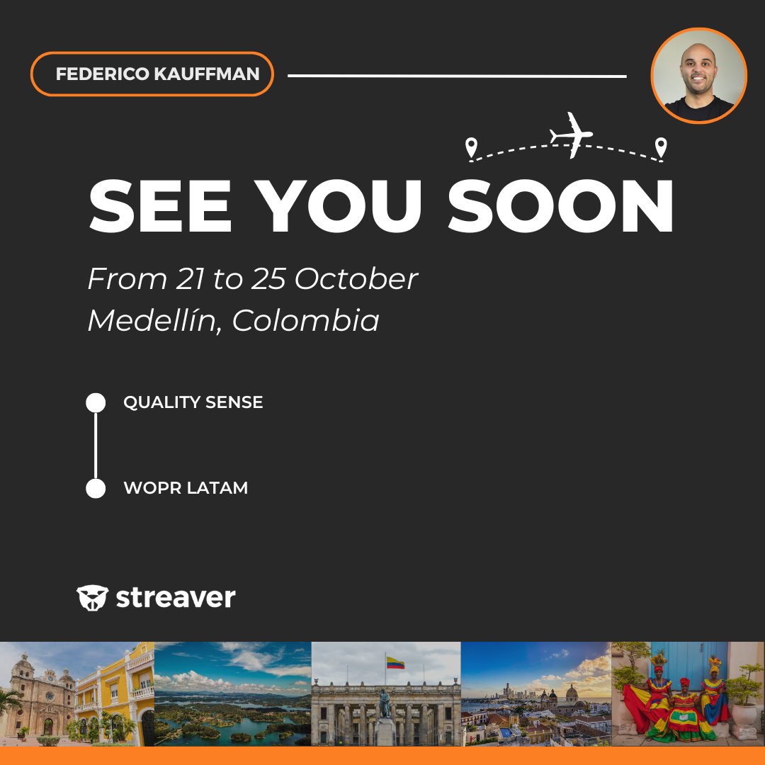 📢 Streaver Travel Alert! ✈️ Our CTO, Federico Kauffman, will be in Medellín, Colombia, at two major tech events:

📍 Quality Sense (Oct 21-22)
📍 WOPR Latam (Oct 23-25)

Let's grab a coffee ☕ and talk innovation! 📩
#streaver #techlead #medellin #qualitysense #woprlatam