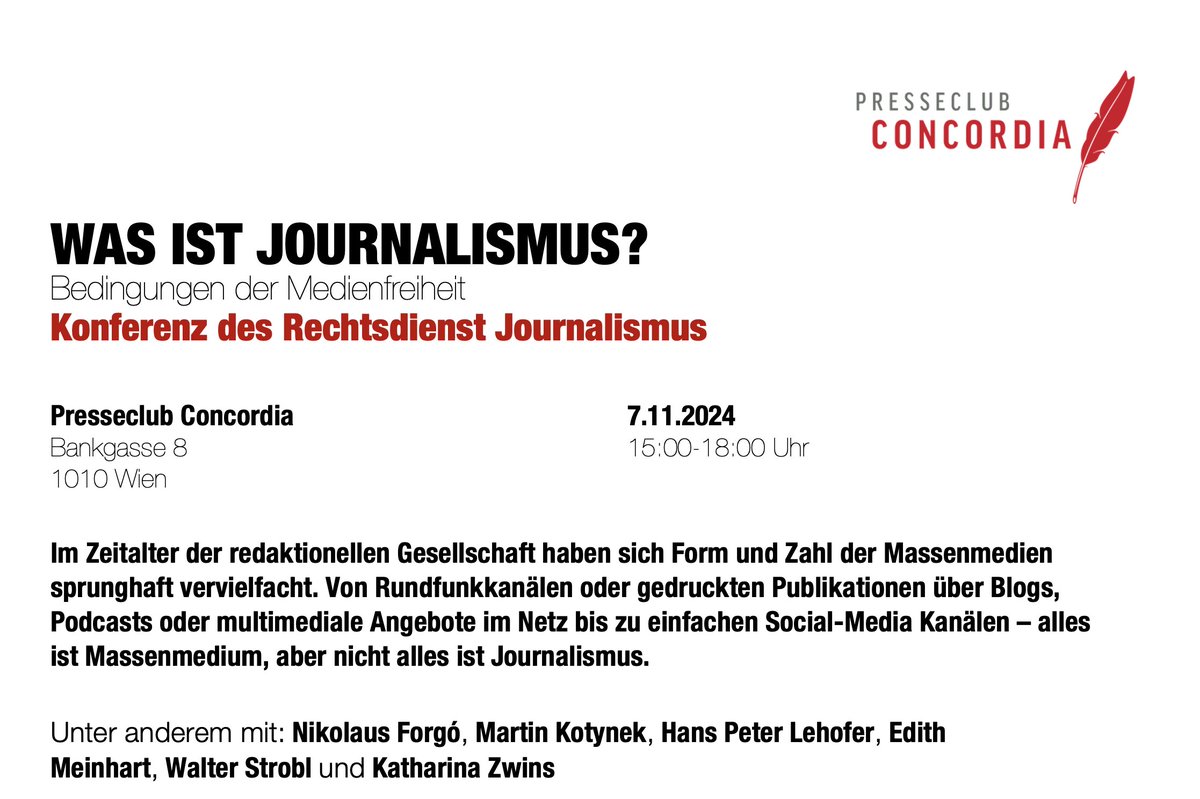 Presseclub Concordia (@pcconcordia) on Twitter photo Wer ist Journalistin, wer nicht? Wer soll das entscheiden? Die Rechtsdienstkonferenz '24 widmet sich der hochaktuellen Frage: "Was ist Journalismus?".
Mit <a href="/nikolausf/">Nikolaus Forgó</a>, <a href="/martin_k/">Martin Kotynek</a>, <a href="/hplehofer/">hans peter lehofer</a>, <a href="/edithmeinhart/">edithmeinhart</a>, <a href="/walter_strobl/">walter strobl</a> & <a href="/katharinazwins/">Katharina Zwins</a>
📅 7.11., 15h
➡️ concordia.at/rechtsdienst-k… Wer ist Journalistin, wer nicht? Wer soll das entscheiden? Die Rechtsdienstkonferenz '24 widmet sich der hochaktuellen Frage: "Was ist Journalismus?".
Mit <a href="/nikolausf/">Nikolaus Forgó</a>, <a href="/martin_k/">Martin Kotynek</a>, <a href="/hplehofer/">hans peter lehofer</a>, <a href="/edithmeinhart/">edithmeinhart</a>, <a href="/walter_strobl/">walter strobl</a> & <a href="/katharinazwins/">Katharina Zwins</a>
📅 7.11., 15h
➡️ concordia.at/rechtsdienst-k…