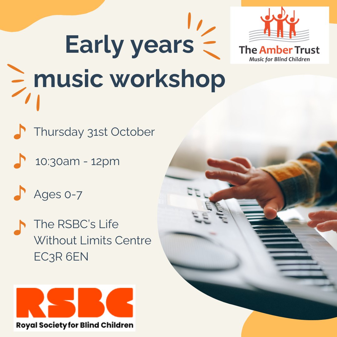Join the <a href="/RSBCcharity/">RSBC</a> and The Amber Trust for a music workshop for vision impaired children aged 0-7.

Explore percussion instruments, sing songs, and play musical games!

📅31st October, 10:30am - 12pm
📍RSBC's Life Without Limits Centre EC3R 6EN

rsbc.org.uk/events/early-y…