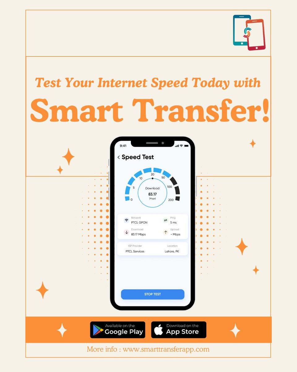 USSmartTransfer's tweet image. 💥 Test your internet speed in seconds with #SmartTransfer! 📲 Find out your download, upload, &amp;amp; ping effortlessly. Available on Google Play &amp;amp; App Store. More info at smarttransferapp.com 
#smarttransfer #bestdatasharingapp #speedtestapp #networkspeedchecker #dataspeedtestapp