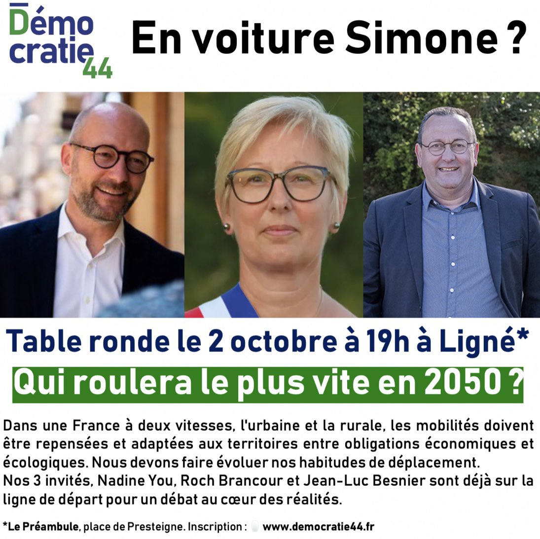 🔬10è LAbo 🚘🚲🚌 #Mobilités
🗓️ 2 octobre ⏰ 19h📍Ligné
Qui roulera le + vite en 2050 ?
Dans une France à deux vitesses, l'urbaine et la rurale, comment répondre à la fois aux enjeux écologiques et économiques ?
Avec comme invité principal <a href="/rbrancour/">Roch Brancour</a> Vice-président <a href="/paysdelaloire/">Pays de la Loire</a>