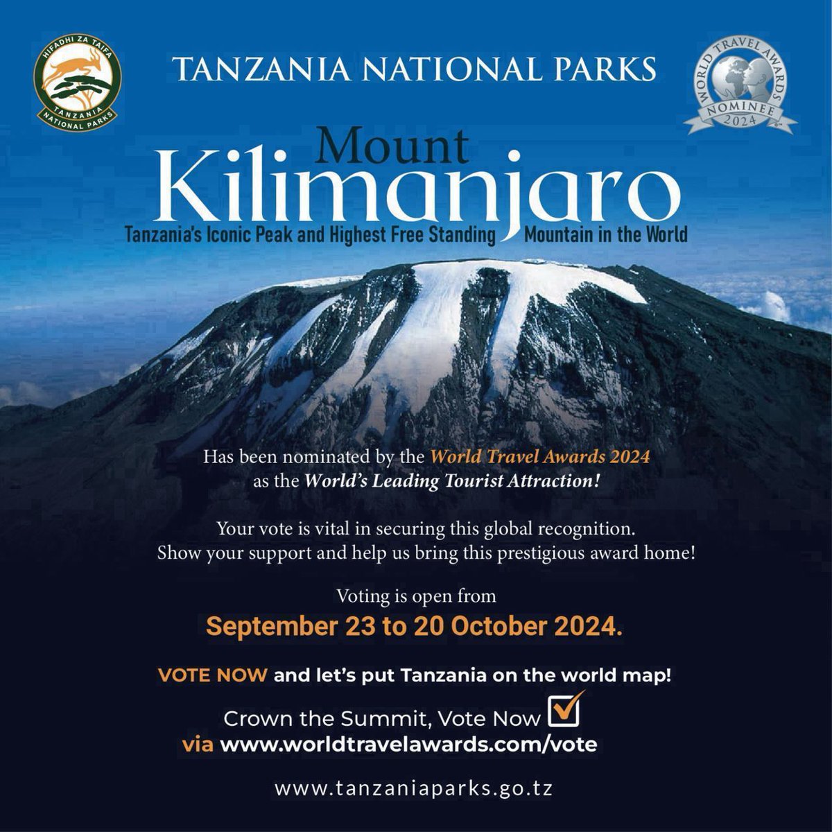 #Tanzania 🇹🇿
Vote for Mount Kilimanjaro as World's leading Tourist Attraction 2024. to vote click worldtravelawards.com VOTE NOW <a href="/tzparks/">Tanzania National Parks</a> <a href="/tzbranding/">Branding Tanzania 🇹🇿</a> <a href="/travelawardsHI/">World Travel Awards</a>