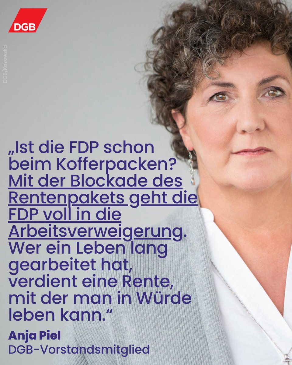 Unser Vorstandsmitglied <a href="/Anja_Piel/">Anja Piel</a> kritisiert die Blockade des #Rente|npakets durch die <a href="/fdp/">FDP</a> und macht klar: "<a href="/johannesvogel/">Johannes Vogel</a> fordert mehr Geld für die Beschäftigten. Da hilft ein höherer #Mindestlohn und mehr #Tarifbindung! Davon haben die Beschäftigten und die Rentner*innen