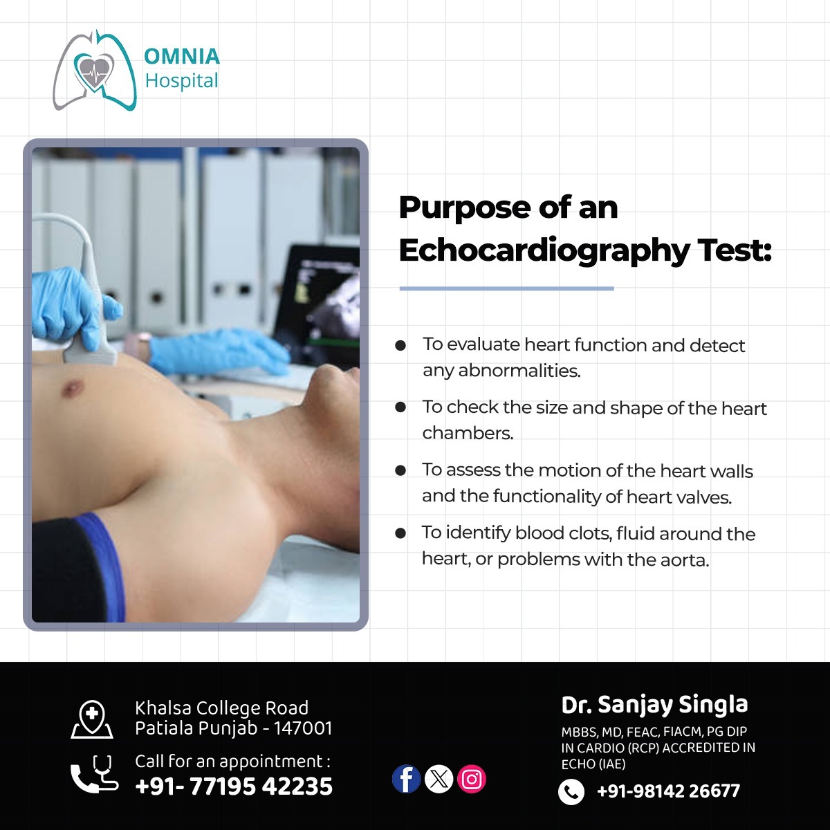 OmniaHospital's tweet photo. Purpose of an Echocardiography Test
Meet Our Specialist: 7719542235 / 9814226677
Omnia Hospital
Khalsa College Road, Patiala, Punjab
#Echocardiography #MotionofHeart #Heart #Abnormalities #OmniaHospital #Omnia #Hospital #Patiala https://t.co/zBq3pae3hl
