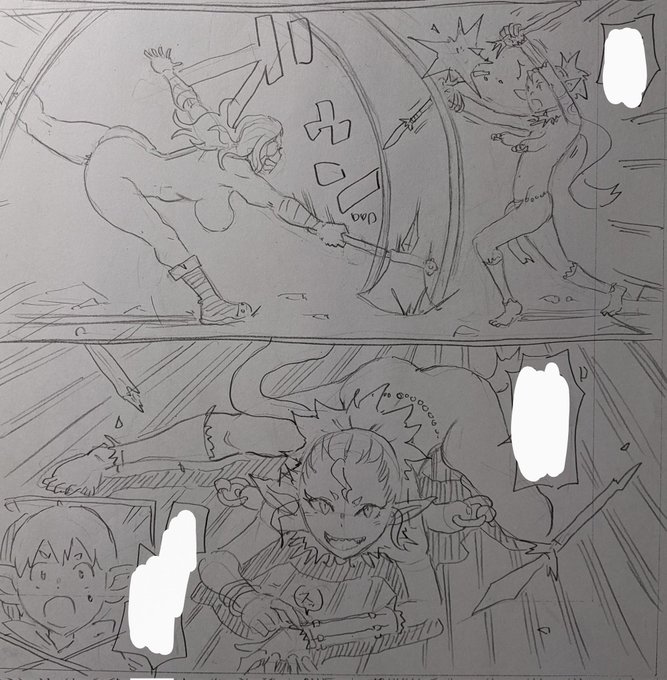 お互い一歩も引かない歴戦の女戦士とウッドエルフのハンターとの戦い。 