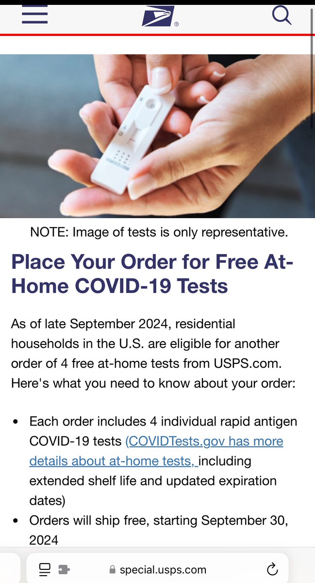 🧪FREE TEST ORDER FORMS OPEN—At last the U.S. government again is offering free rapid COVID tests for all U.S. Households—place an order through the USPS form below. Expiration dates extended by FDA. Orders will ship, starting September 30, 2024
special.usps.com/testkits