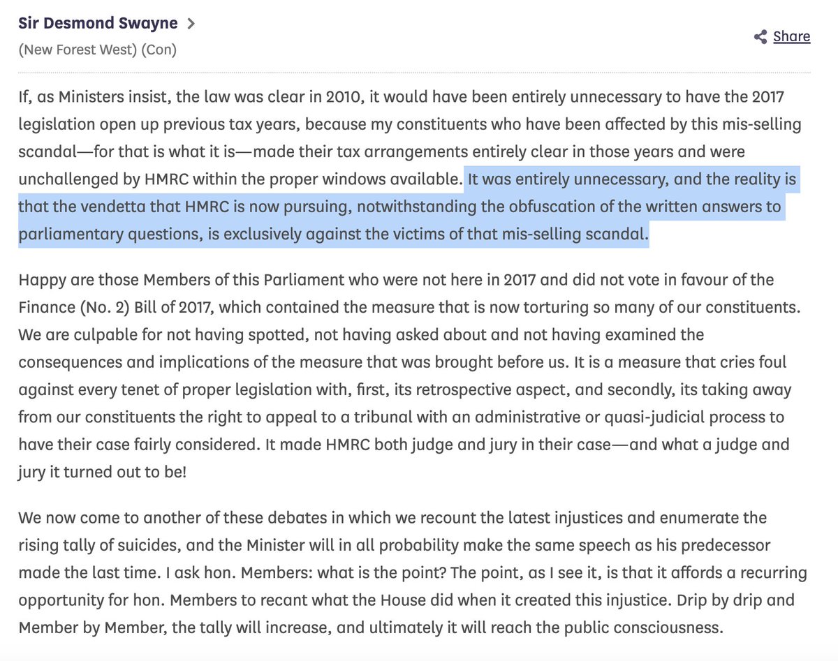 Strong words from <a href="/DesmondSwayne/">rt hon Sir Desmond Swayne TD MP</a> about #LoanchargeScandal - mis-selling,vendetta, <a href="/HMRCgovuk/">HM Revenue & Customs</a>  both judge and jury, scandal 

IMO this misstep HMRC took 10 lives, broken families, pushed victims in depression, despair.. 
This has to STOP now