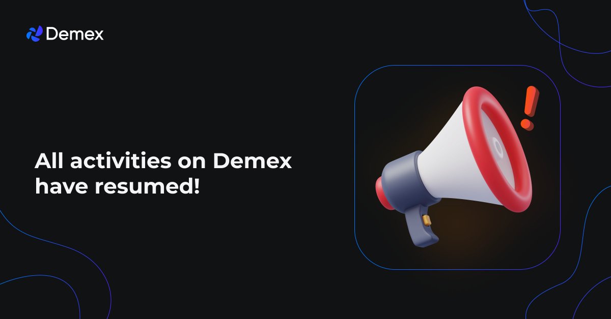 demexchange's tweet image. ✅ PSA: Demex is Back Up and Running!

The earlier issues with loading trading and blockchain data, affecting pages like Trade, Markets, Nitron, and Pools, have been resolved.

All funds remain SAFU.

Thank you for your patience!