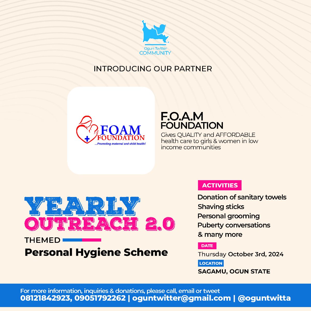 OgunTwitta's tweet photo. Meet our offlcial partner for Ogun Twitter Community's Yearly Outreach 2.0: Personal Hygiene Scheme! 🎉 @foamfoundation

Join us as we provide essential items like sanitary towels, shaving sticks, and more, alongside crucial puberty conversations.
#OgunTwitterCommunityWeek https://t.co/EyYopPnQnc