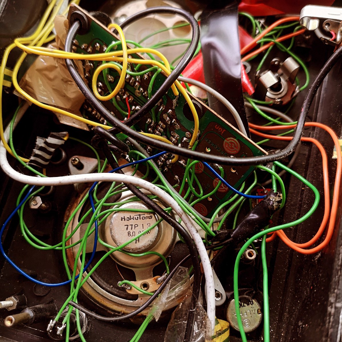 Cementimental's tweet image. Opened up the Ghostbox to replace a broken switch in time for the Isn'tses gig this Sunday. Amazed this thing has more or less kept working for 20+ years with occasional repair. I think I would wire this a ~little~ neater if I was building it today. #noisegear #circuitbending