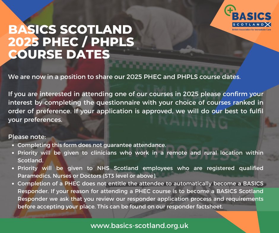 So much happening at BASICS Scotland right now! 

Don't forget to secure your spot in our upcoming Cardiac Course or CGM (members only). Also, if you're interested in PHEC or PHPLS, be sure to complete your note of interest to be included in our exciting 2025 plans!