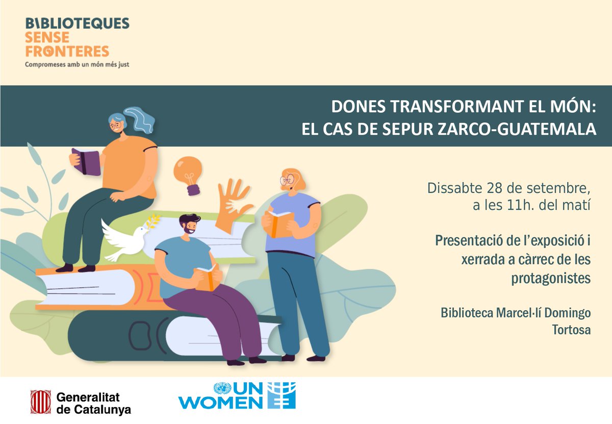 👉Dissabte 28 de setembre, a les 11 del matí, us convidem a la xerrada i exposició sobre el cas Sepur Zarco.
📚Biblioteca Marcel·lí Domingo de Tortosa
Carrer de la Mercè, 6

➡️Us hi esperem!

<a href="/unwomengeneva/">UN Women Geneva</a>
<a href="/onumujeresgt/">ONU Mujeres Guatemala</a>
<a href="/BATALLAEBRE/">Espais de Memòria de la Batalla de l'Ebre - COMEBE</a>
<a href="/cooperaciocat/">Cooperació</a>