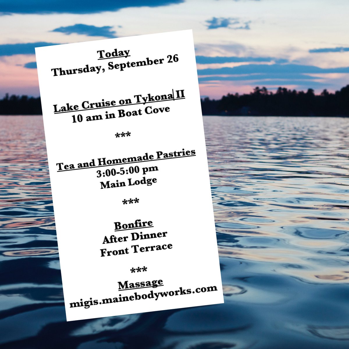 Or....put your feet up
next to the fire and read that book! #Migis #SebagoLake #mainefamilyvacation #mainetheway
#allinclusiveresort
#mainething #Tykonall #bringyourappetite #fullAmericanplan