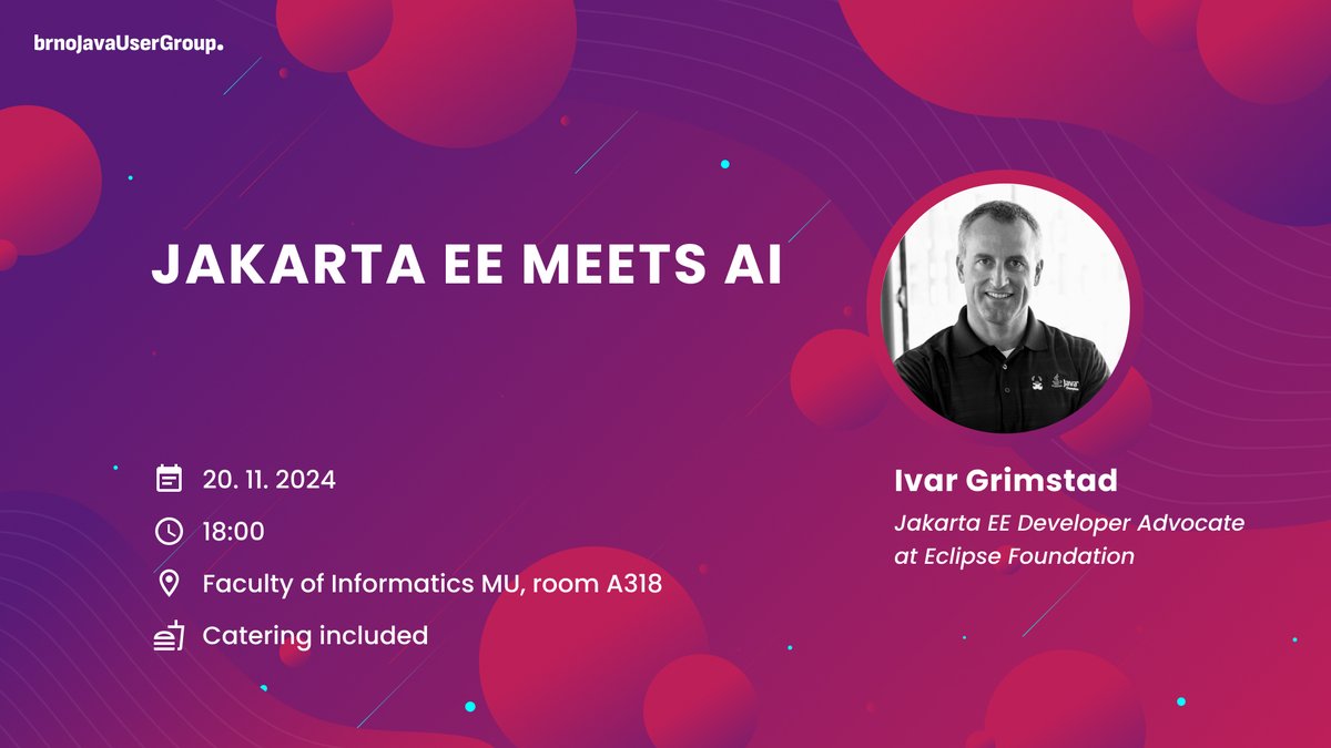 BrnoJUG's tweet photo. #bJUG talk announcement!
Jakarta EE Meets AI
Speaker: Ivar Grimstad (@ivar_grimstad, @EclipseFdn)
When: 20. 11. 2024 18:00
Where: FI MUNI
Language: English
Online: https://t.co/gihZwOQ3SY
https://t.co/GZCRPNYBpE https://t.co/O1NVbngX20