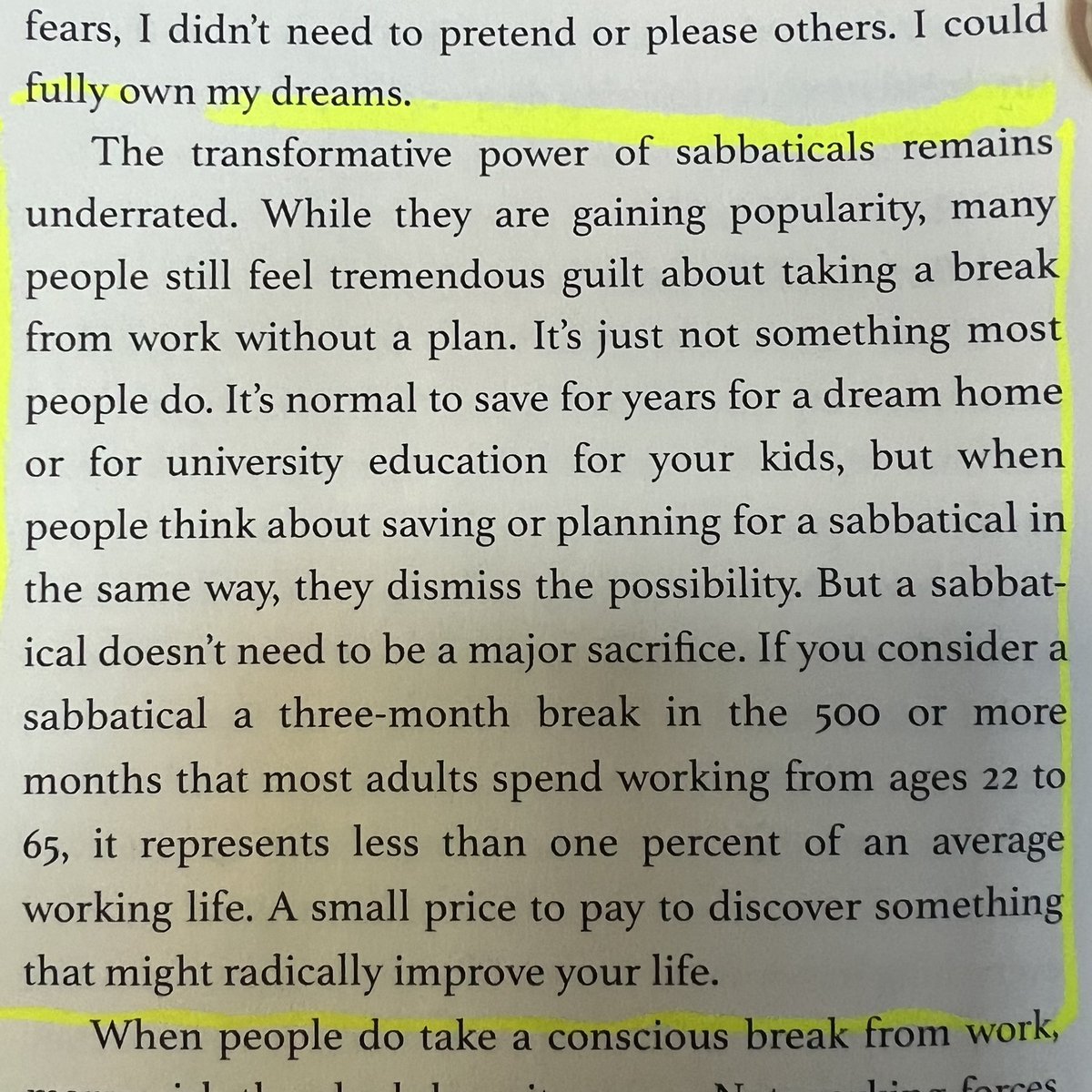 Camp4's tweet photo. If you think about it, it’s insane that most people never take an extended break from work as a mature adult.

Like a lot of you, I never took more than a 2 week break in my whole career. And even then I was plugged in—there was always something “urgent” to tend to.

As @p_millerd says in this excerpt from his *outstanding* new book, Good Work, we save and plan for years to buy a house or pay for education (both of which are important) but don’t do the same for something that has a very high probability of being life-changing.

“By taking a break and learning to follow their interests, people start to ask new questions, ones that plant the seeds for a much bigger vision of life.”

Related, I just began an extended break—better late than never! (And more details soon.)

P.S. I can’t recommend Good Work enough—it’s on Amazon.